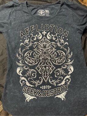Affliction Women's Black Vintage-Wash Graphic Tee with White Cross Artwork